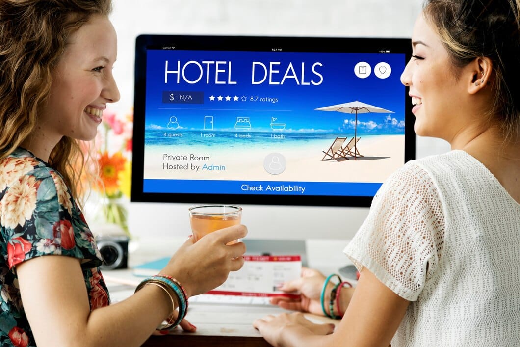 Two individuals are looking at a computer screen displaying hotel deals, with a tropical beach background and enjoying drinks.
